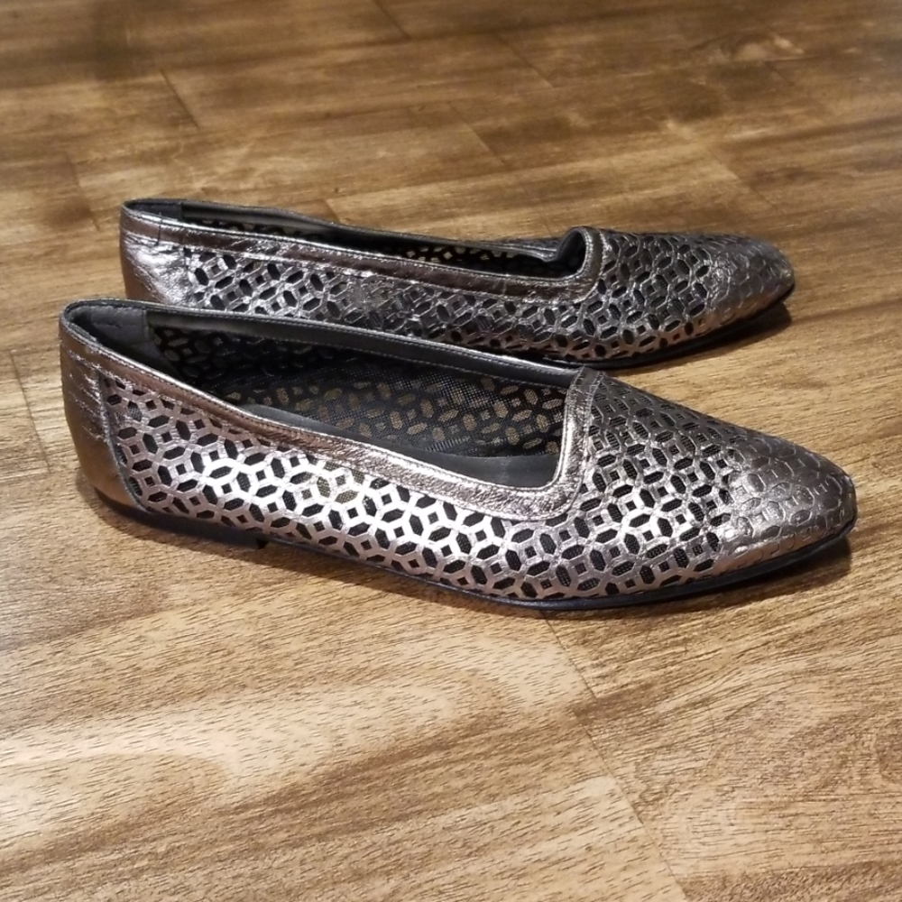 Nina Pewter Silver Metallic Lattice Leather Flats